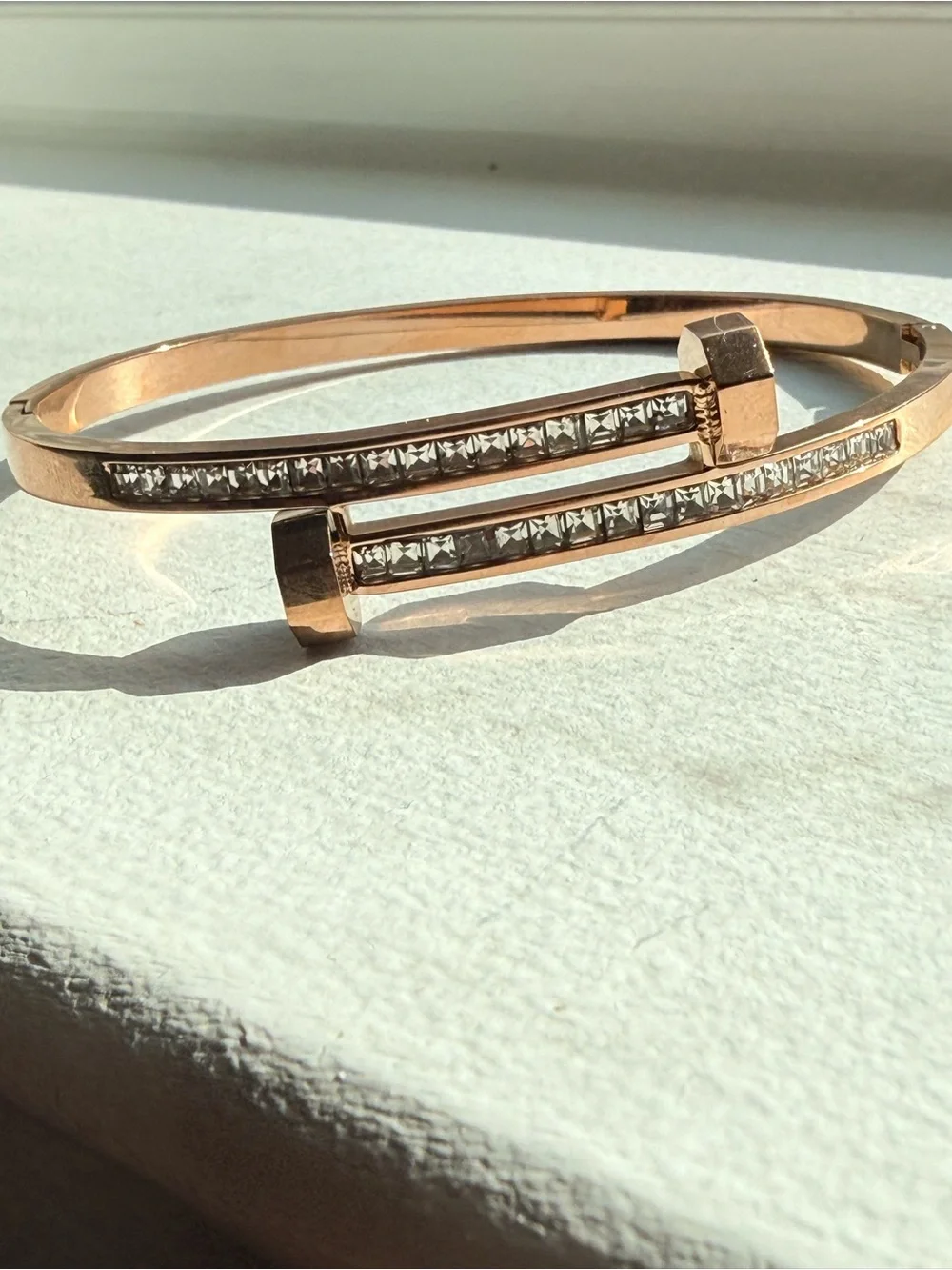 Rose Gold Plated Crystal Accent Open Bangle Bracelet size 7